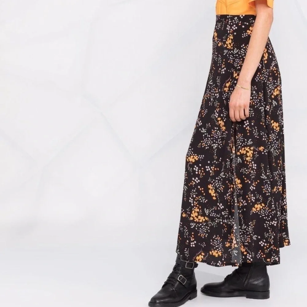 Zadig & Voltaire Judith Spark Flowers Ditsy Floral Logo Midi Skirt Slit Black XS - Picture 3 of 9